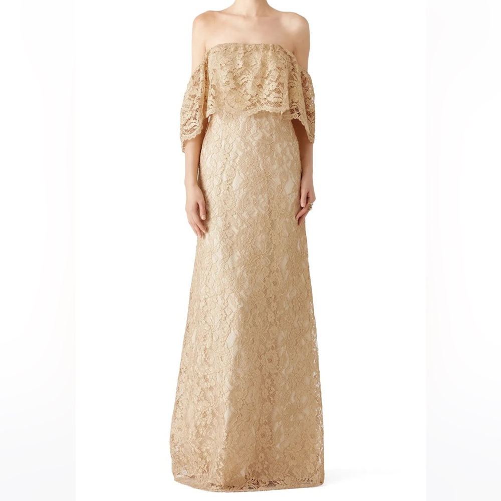 Erin Fetherstion Gold Lace Strapless Catherine Gown